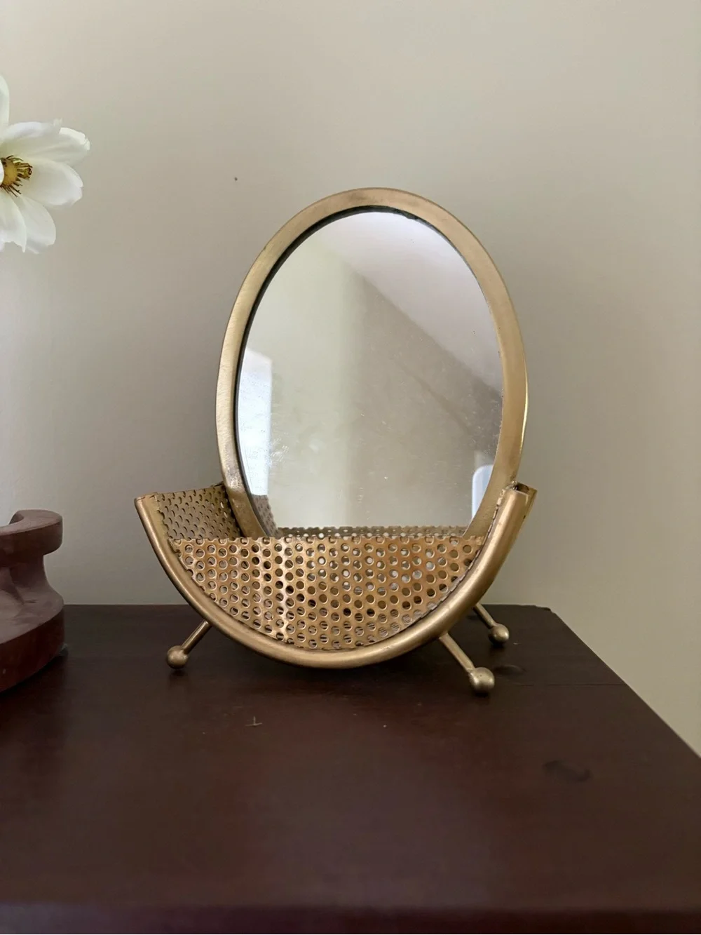 Anthropologie Brass-Tone Oval Vanity Mirror with Perforated Shelf